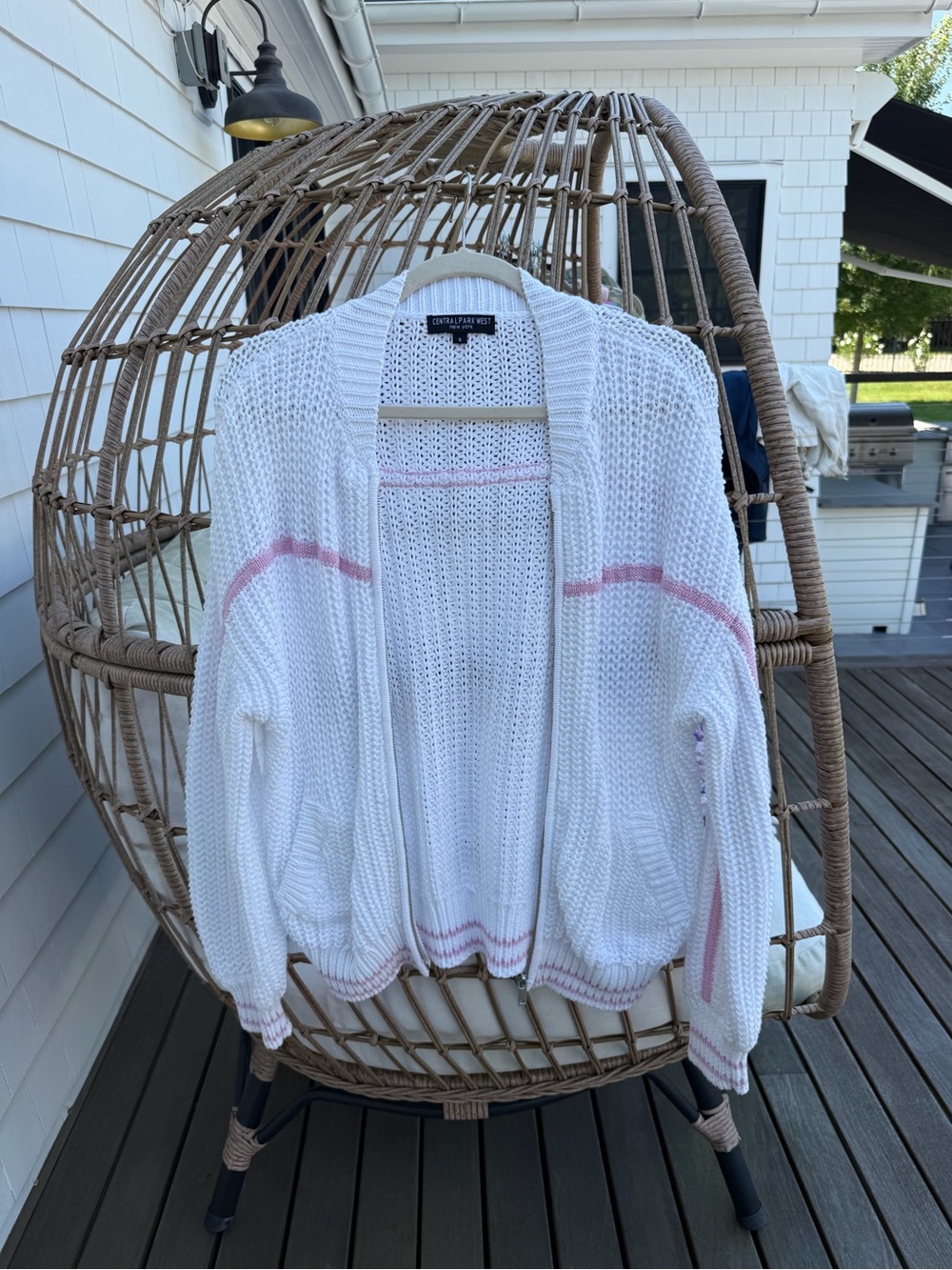 Central Park West White Open-Front Knit Cardigan with Pink Trim